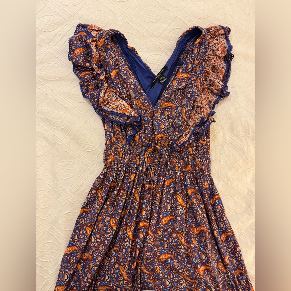 French Connection Blue and Orange Paisley Ruffle Dress